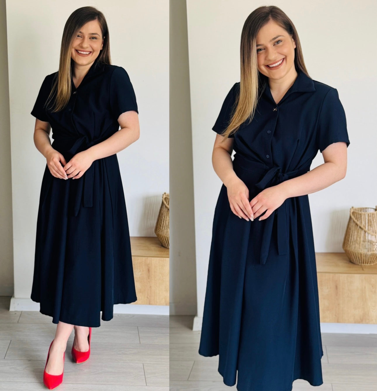 Rochie midi tip cămașă cu cordon în talie
