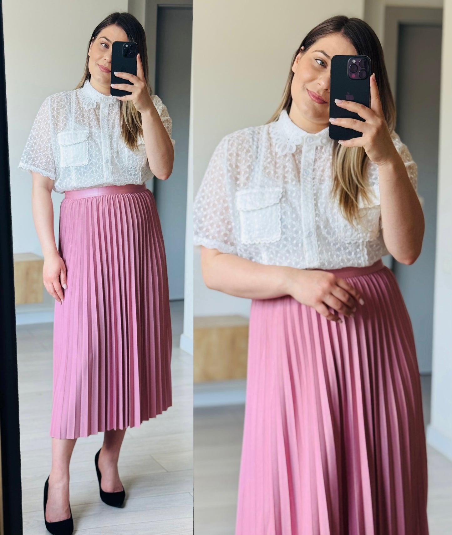 Set fustă plisată și cămașă din dantelă