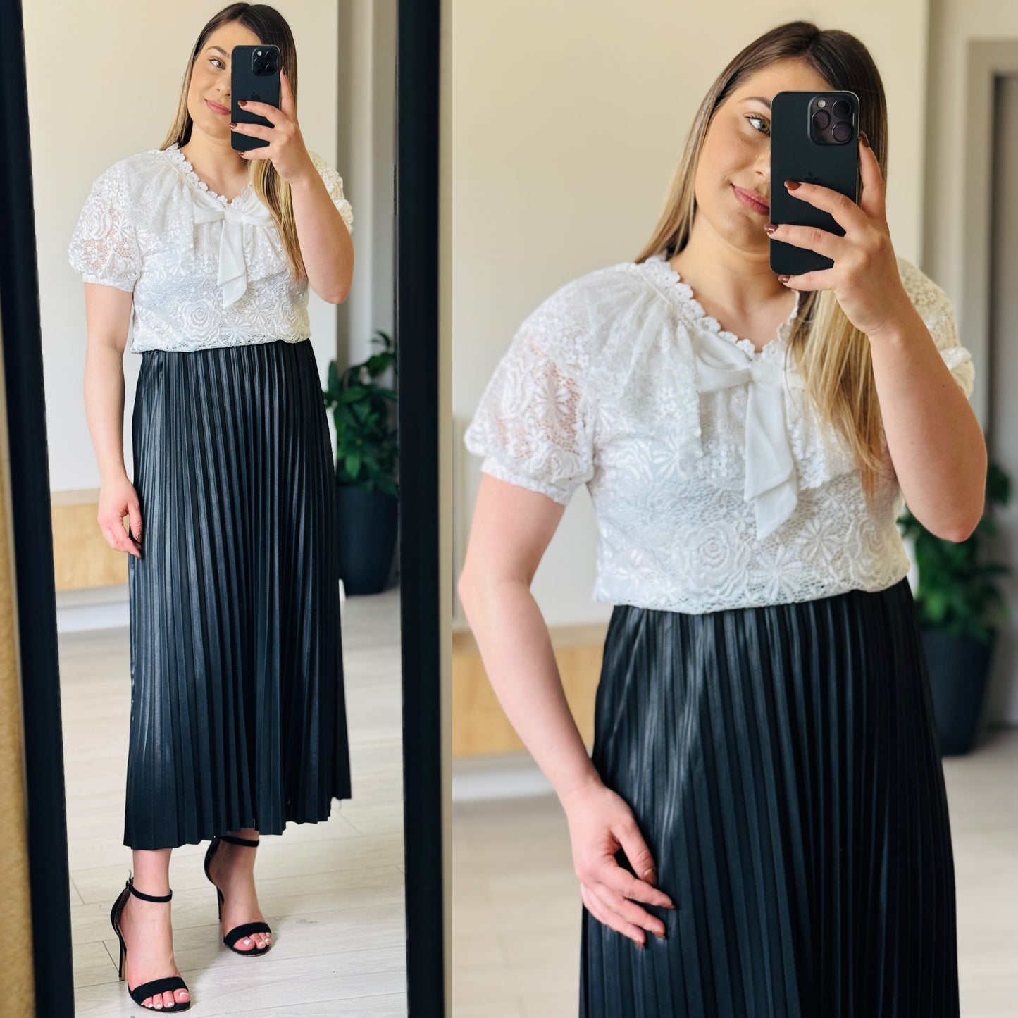 Set Elegant Bluză din Dantelă și Fustă Plisată