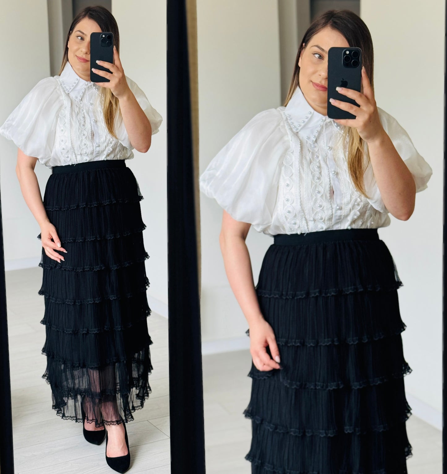 Set elegant cu cămașă cu perle și fustă midi cu volane