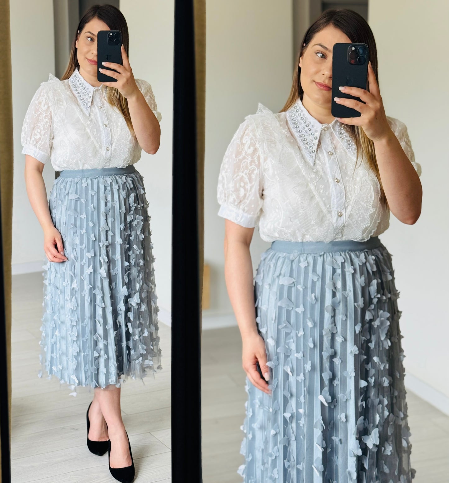 Set elegant cu cămașă din dantelă și fustă plisată 3D cu flori
