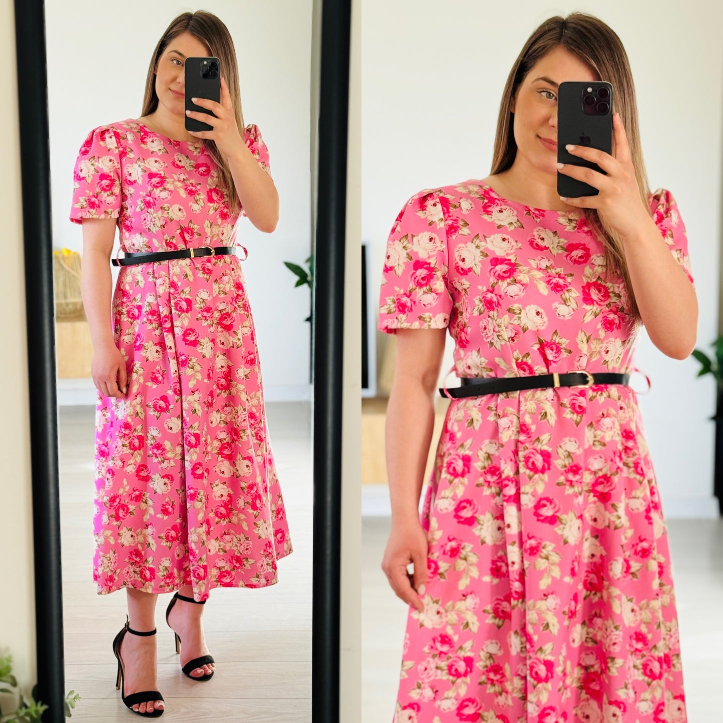 Rochie midi cu imprimeu floral și curea în talie