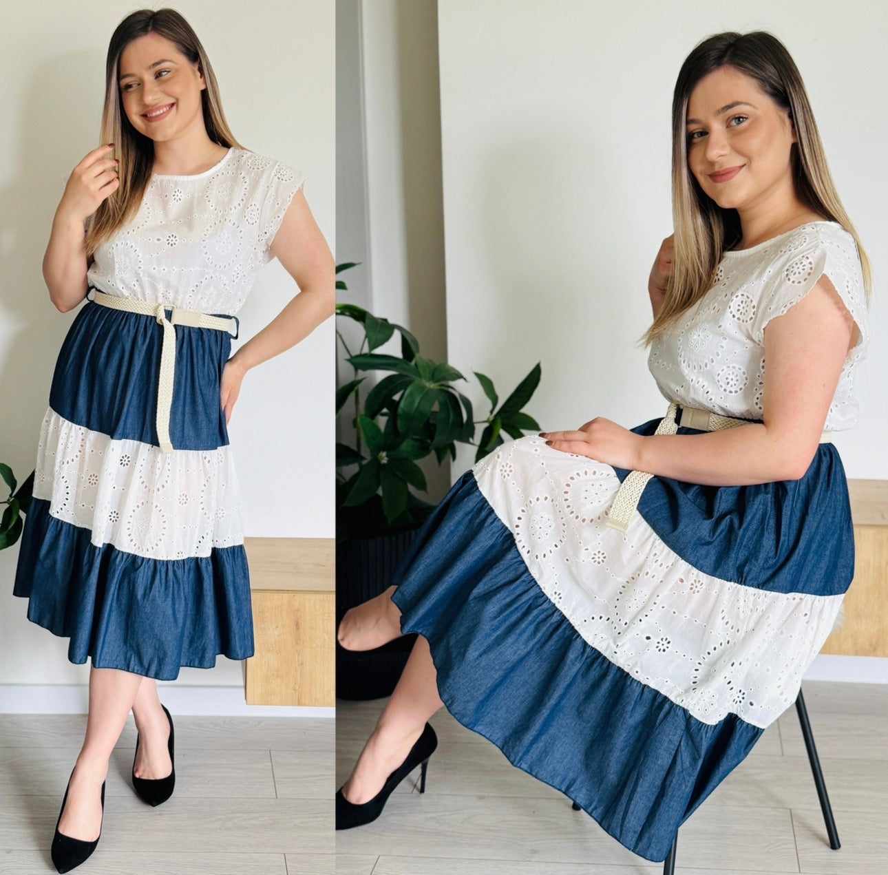 Rochie din bumbac cu broderie și volane