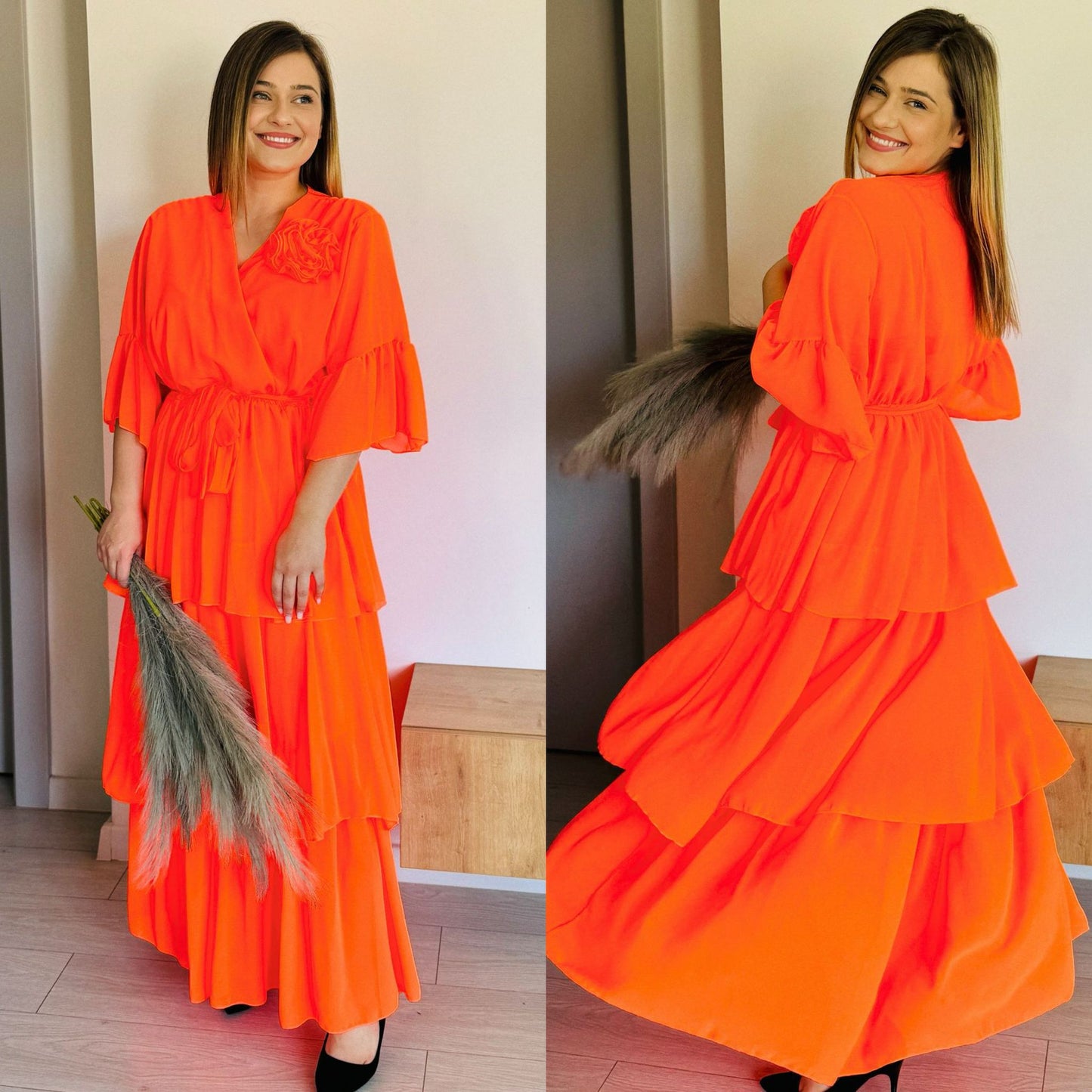 Rochie maxi petrecută cu volane – Portocaliu Neon