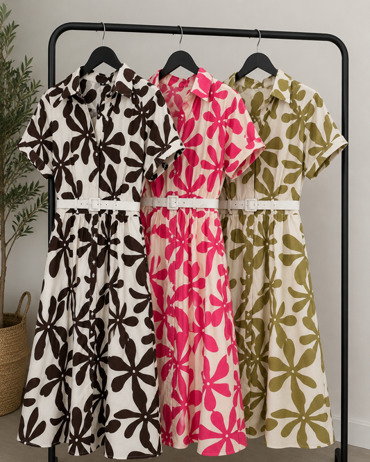 Rochie midi cu imprimeu floral și curea în talie