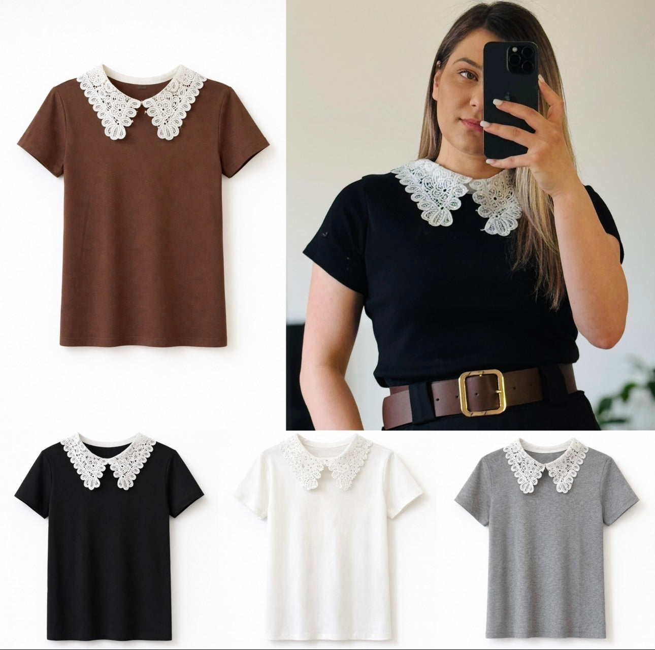 Tricou cu Guler Decorativ din Dantelă