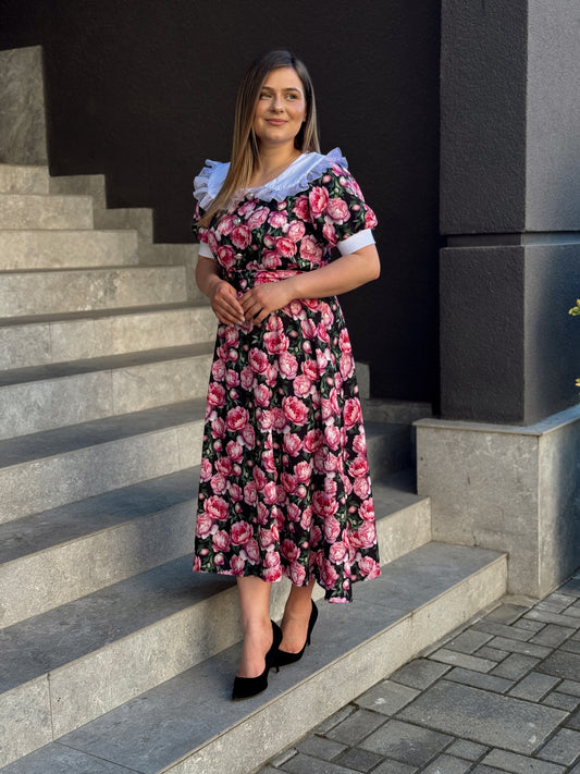 Rochie midi florală din vâscoză cu talie elastică