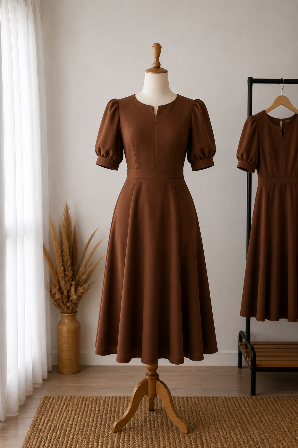 Rochie midi elegantă din stofă Barbi maro