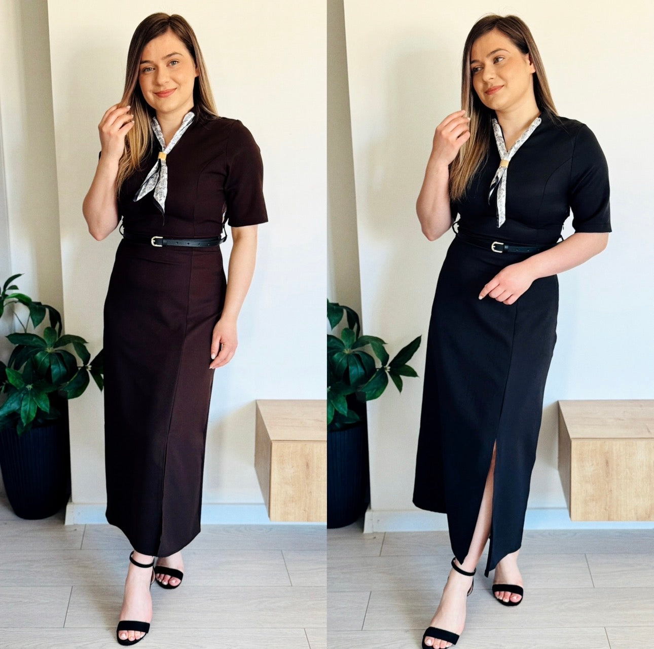 Rochie elegantă midi cu eșarfă și curea în talie