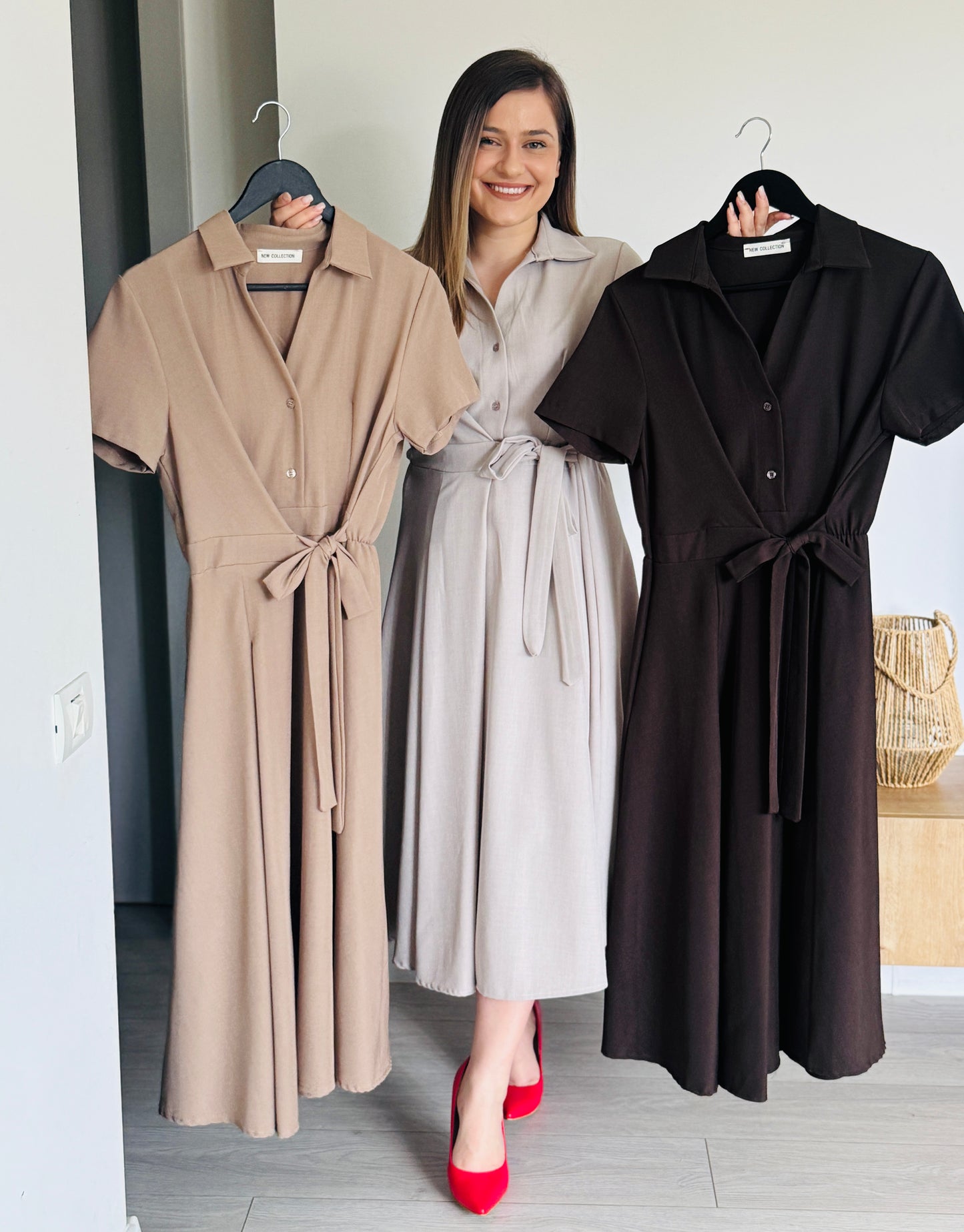 Rochie midi tip cămașă cu cordon în talie
