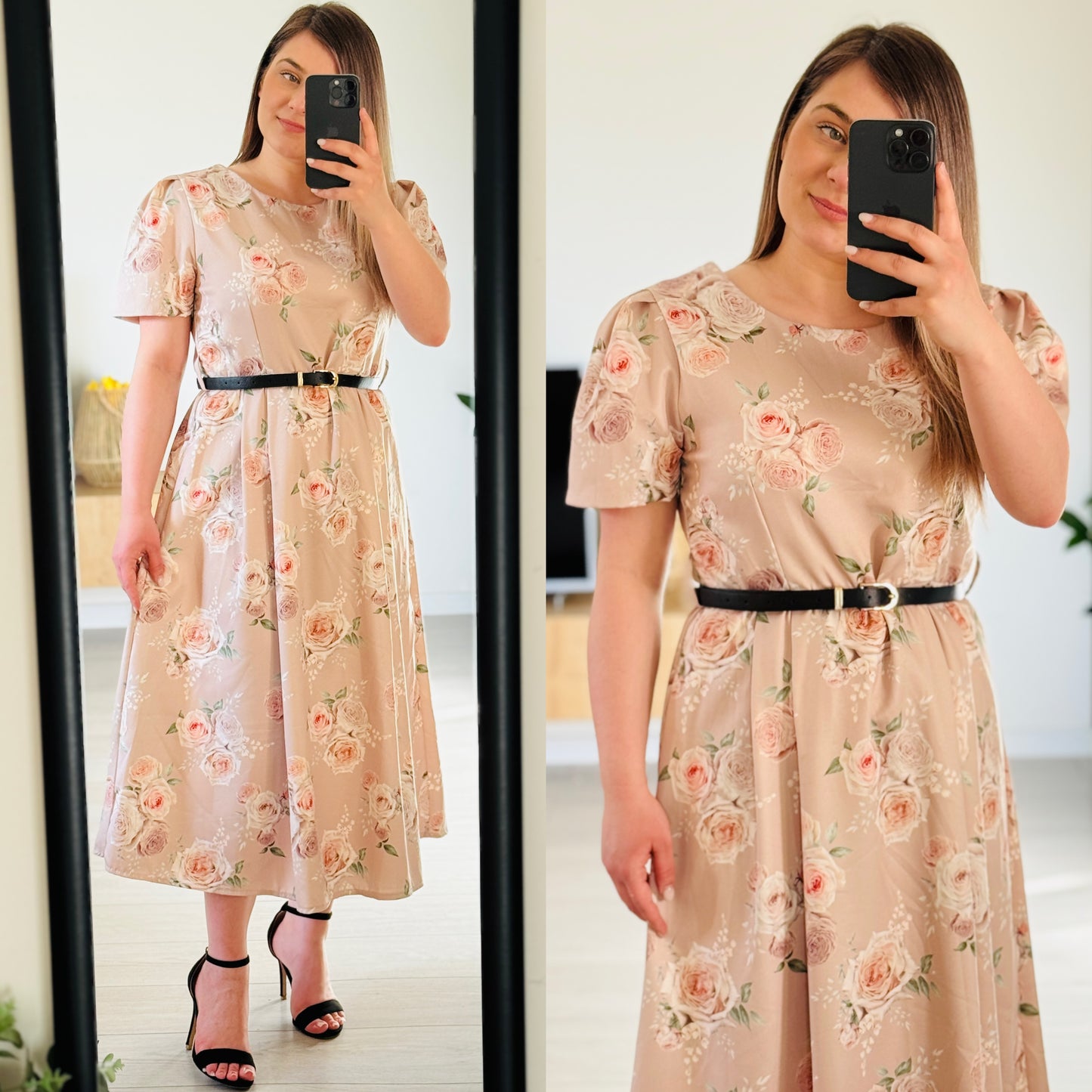 Rochie midi cu imprimeu floral și curea în talie