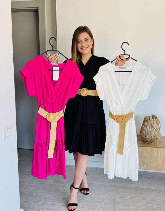 Rochie midi albă în straturi, cu curea din rafie