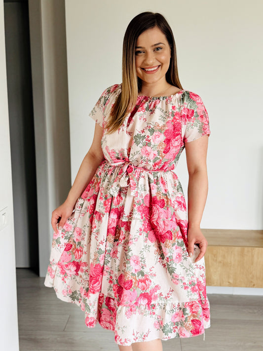 Rochie midi cu imprimeu floral și cordon în talie