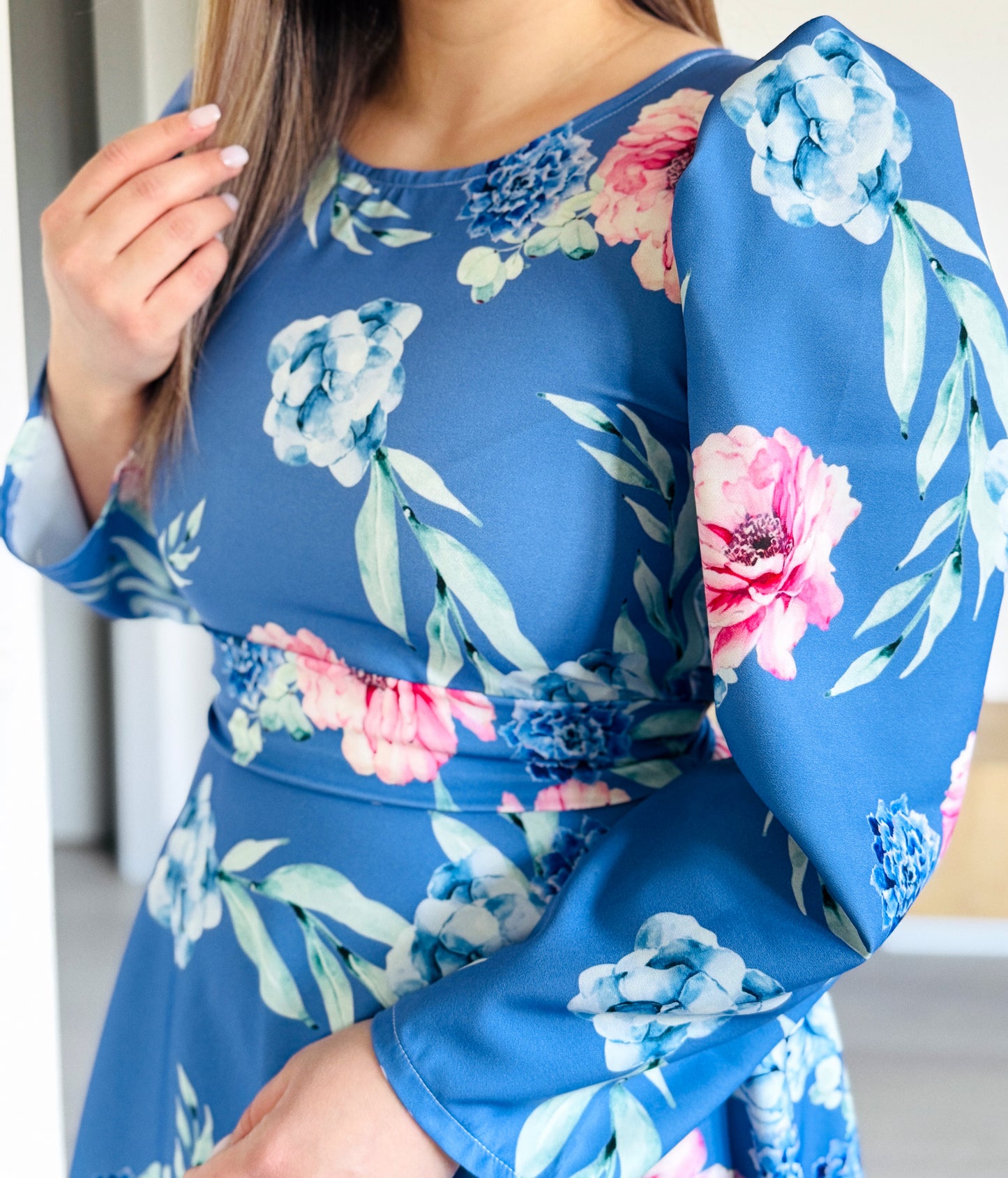 Rochie Midi Albastră Florală din Stofă Barbi