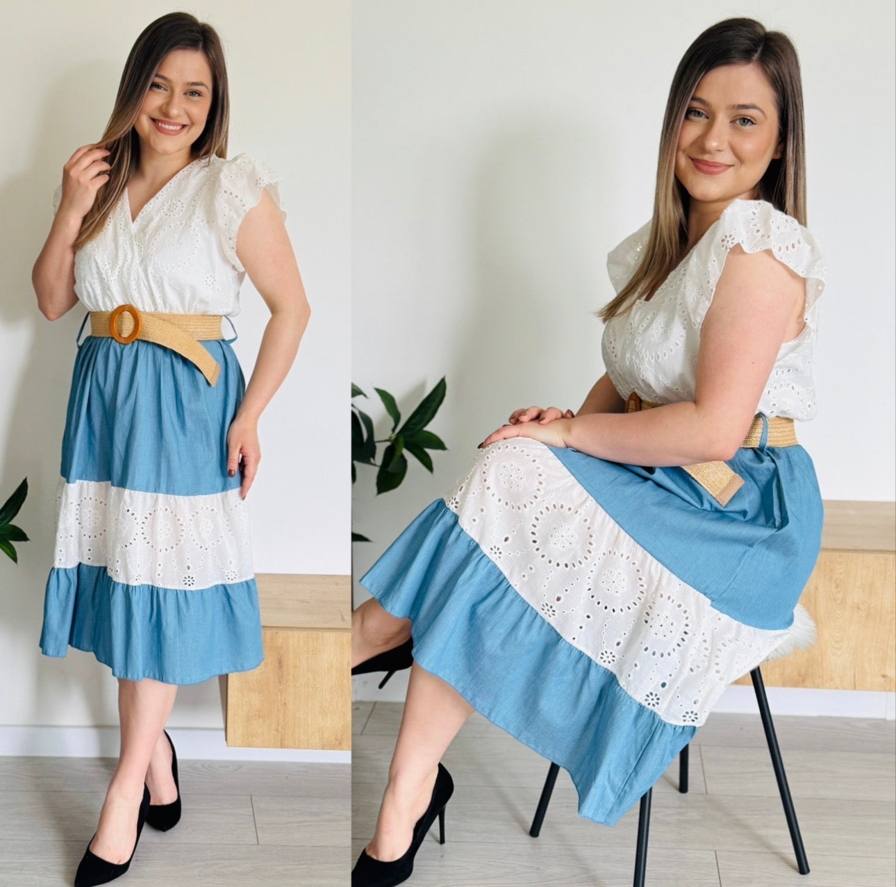 Rochie din bumbac cu broderie și volane