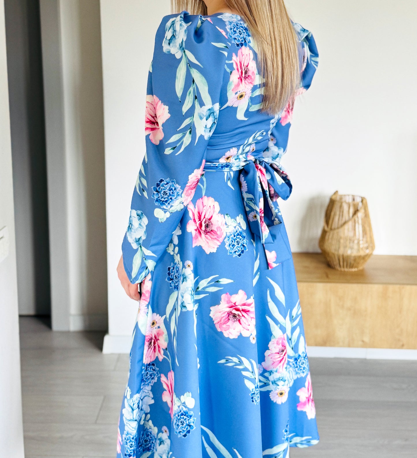 Rochie Midi Albastră Florală din Stofă Barbi