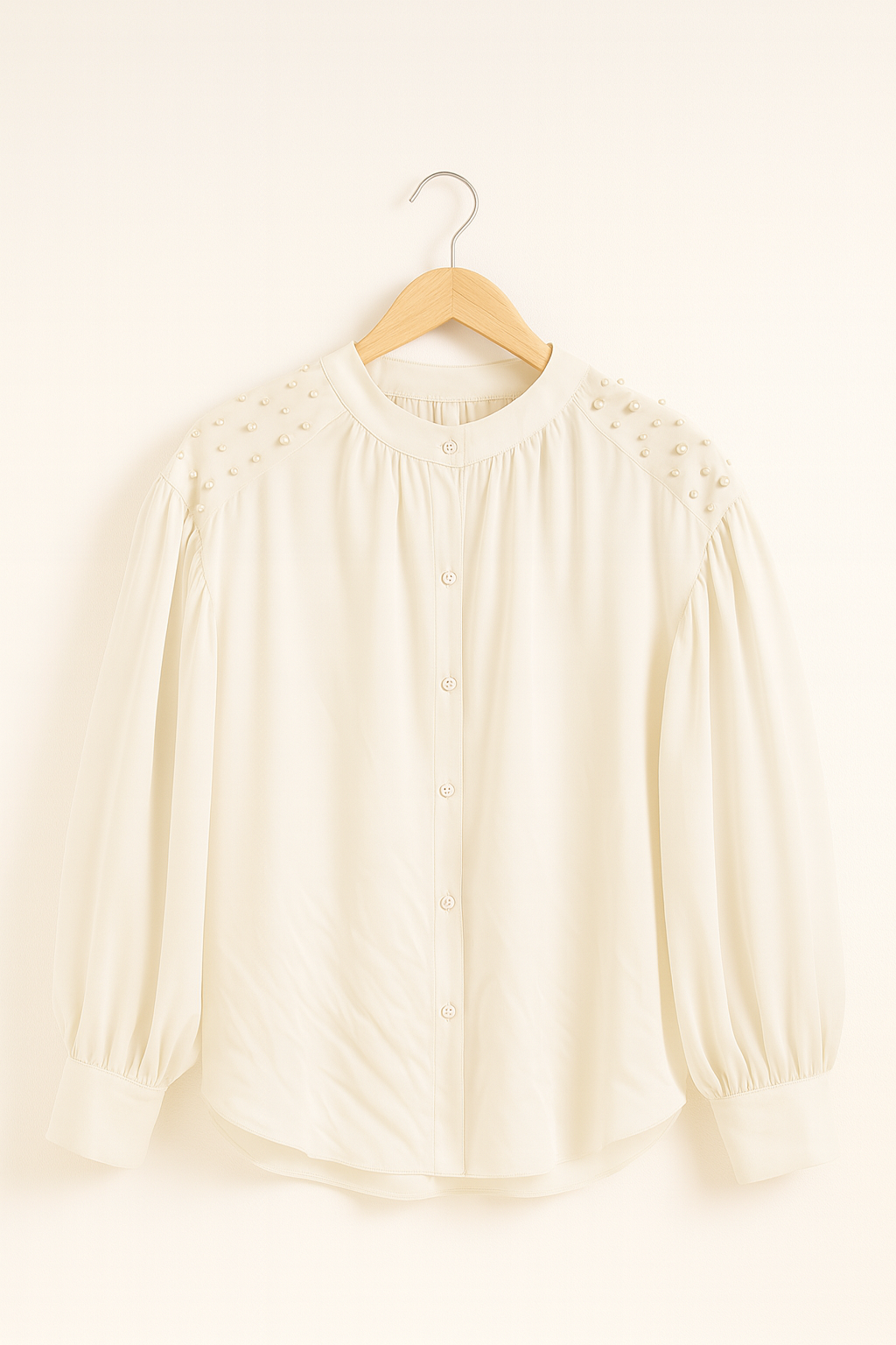 Bluză Elegantă cu Mâneci Bufante și Perle pe Umeri