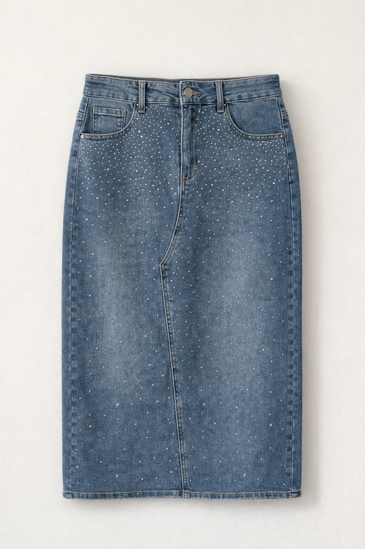 Fustă Denim Midi cu Aplicații