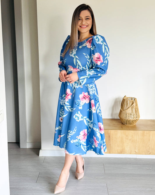 Rochie Midi Albastră Florală din Stofă Barbi