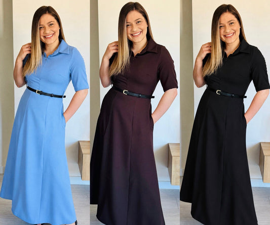Rochie midi elegantă cu guler și curea în talie