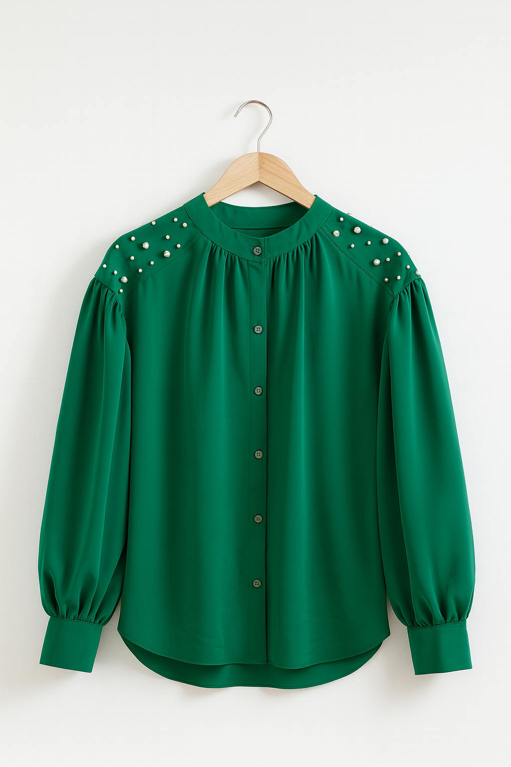 Bluză Elegantă cu Mâneci Bufante și Perle pe Umeri