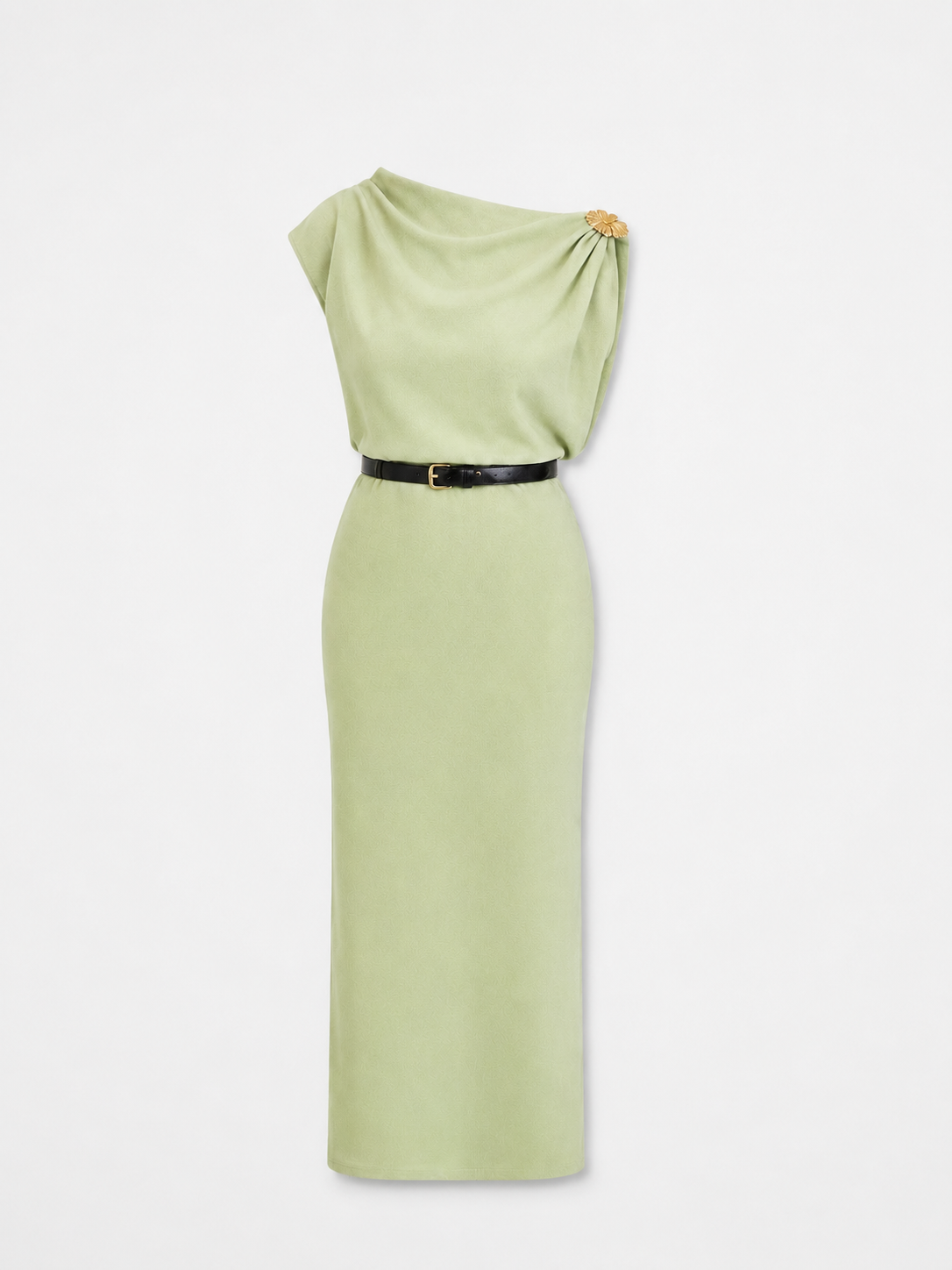 Rochie midi cu drapaj elegant și accesoriu decorativ