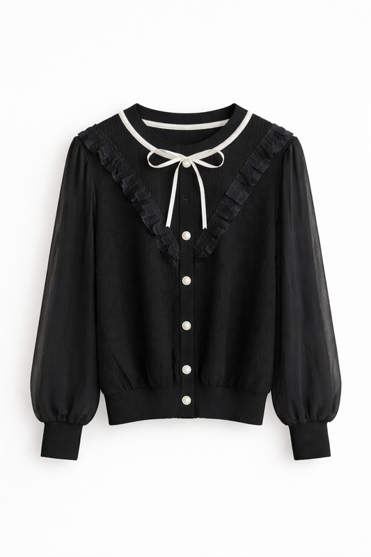 Cardigan elegant cu volane și fundiță decorativă