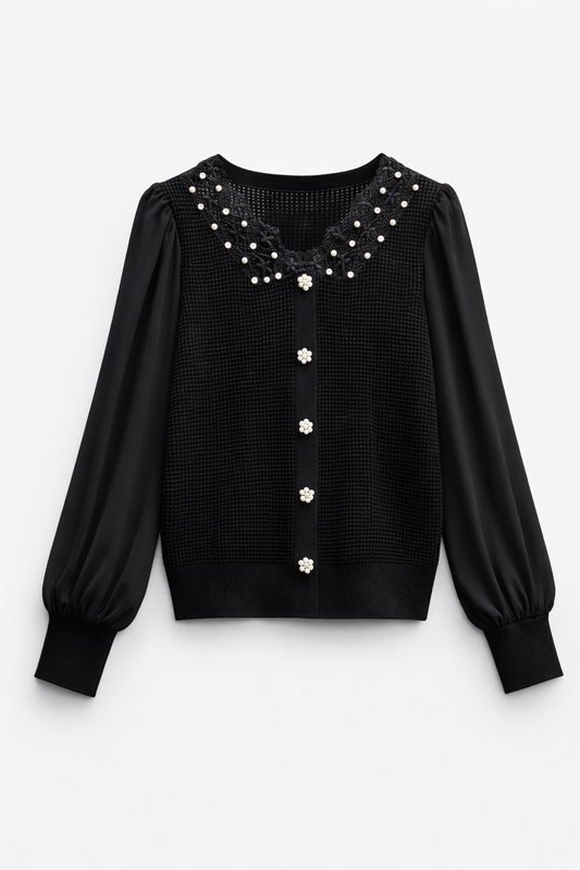 Cardigan elegant cu detalii brodate și nasturi decorativi