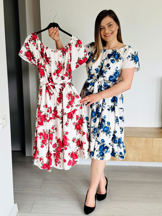 Rochie midi cu imprimeu floral și cordon în talie