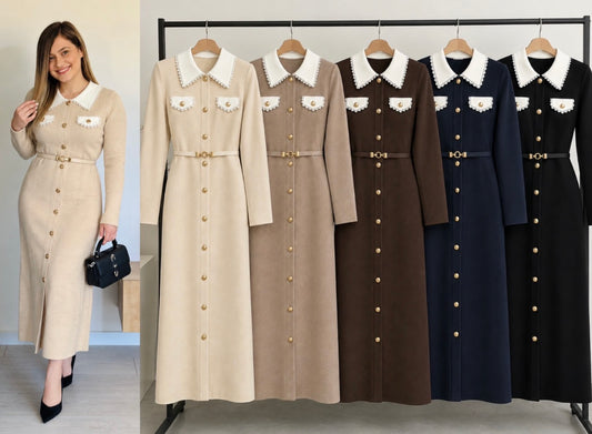 Rochie lungă elegantă cu guler contrastant