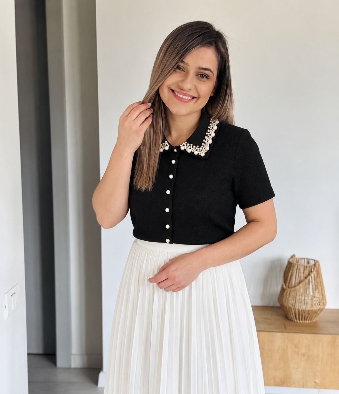 Bluză Elegantă cu Guler cu Perle 100% vâscoză