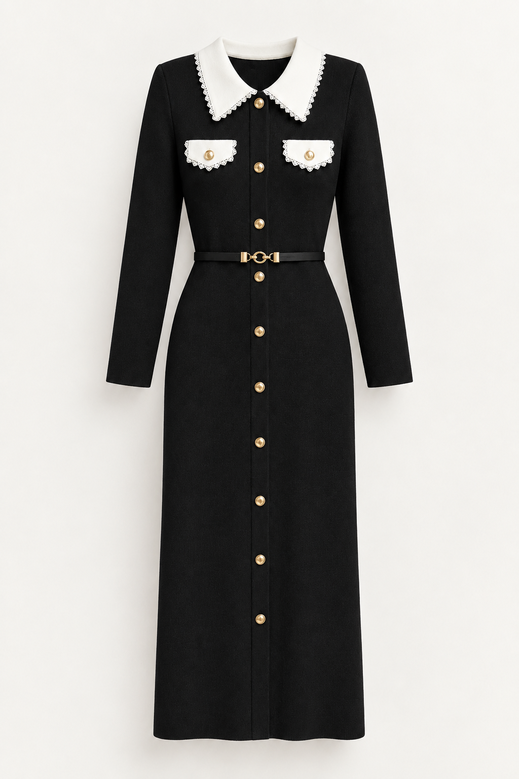 Rochie lungă elegantă cu guler contrastant