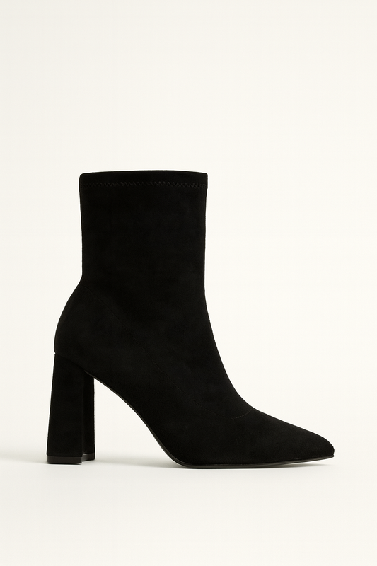 Botine Stretch Suede cu Toc Gros – Negru