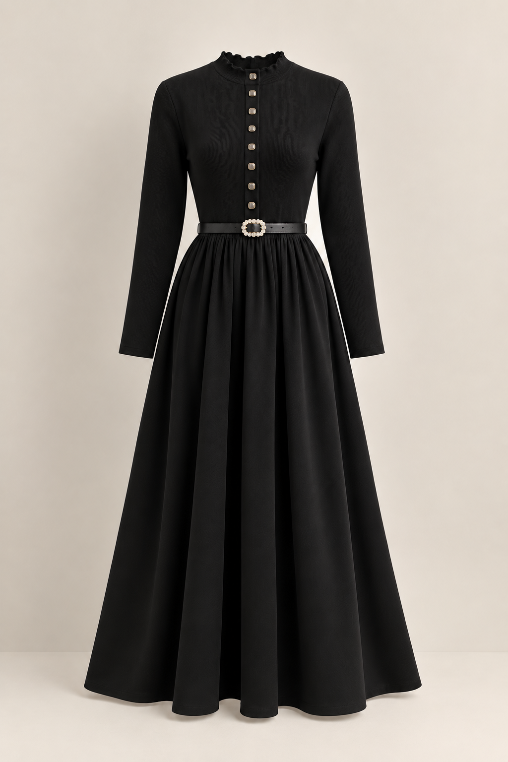 Rochie lungă elegantă cu nasturi și curea