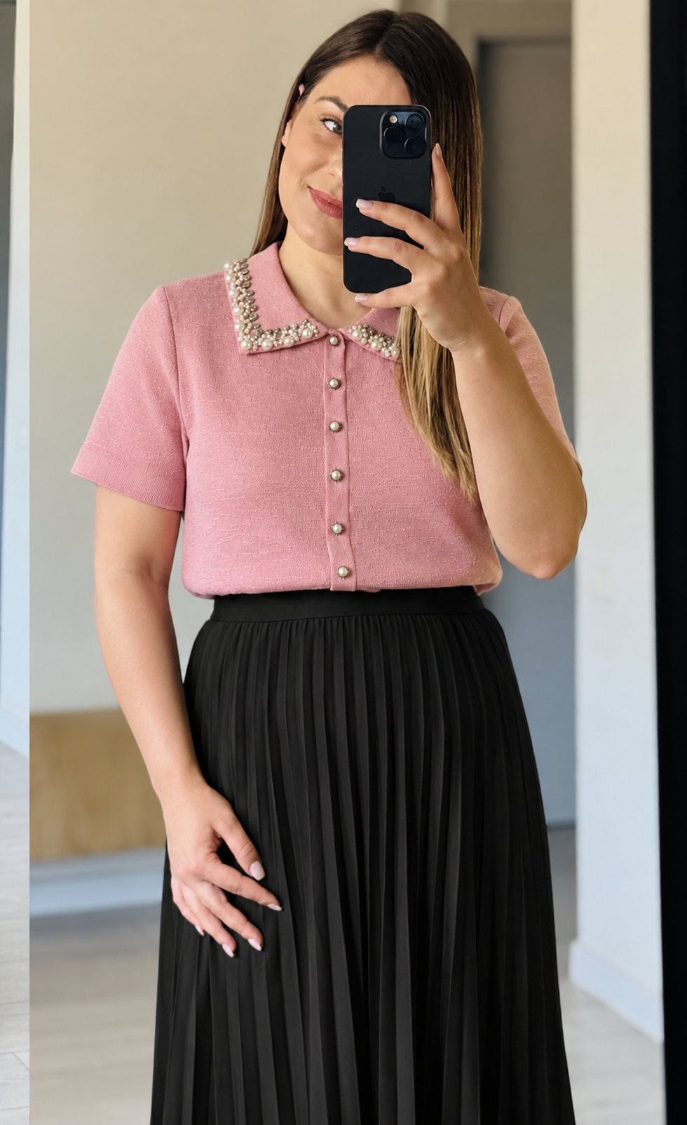 Bluză Elegantă cu Guler cu Perle 100% vâscoză