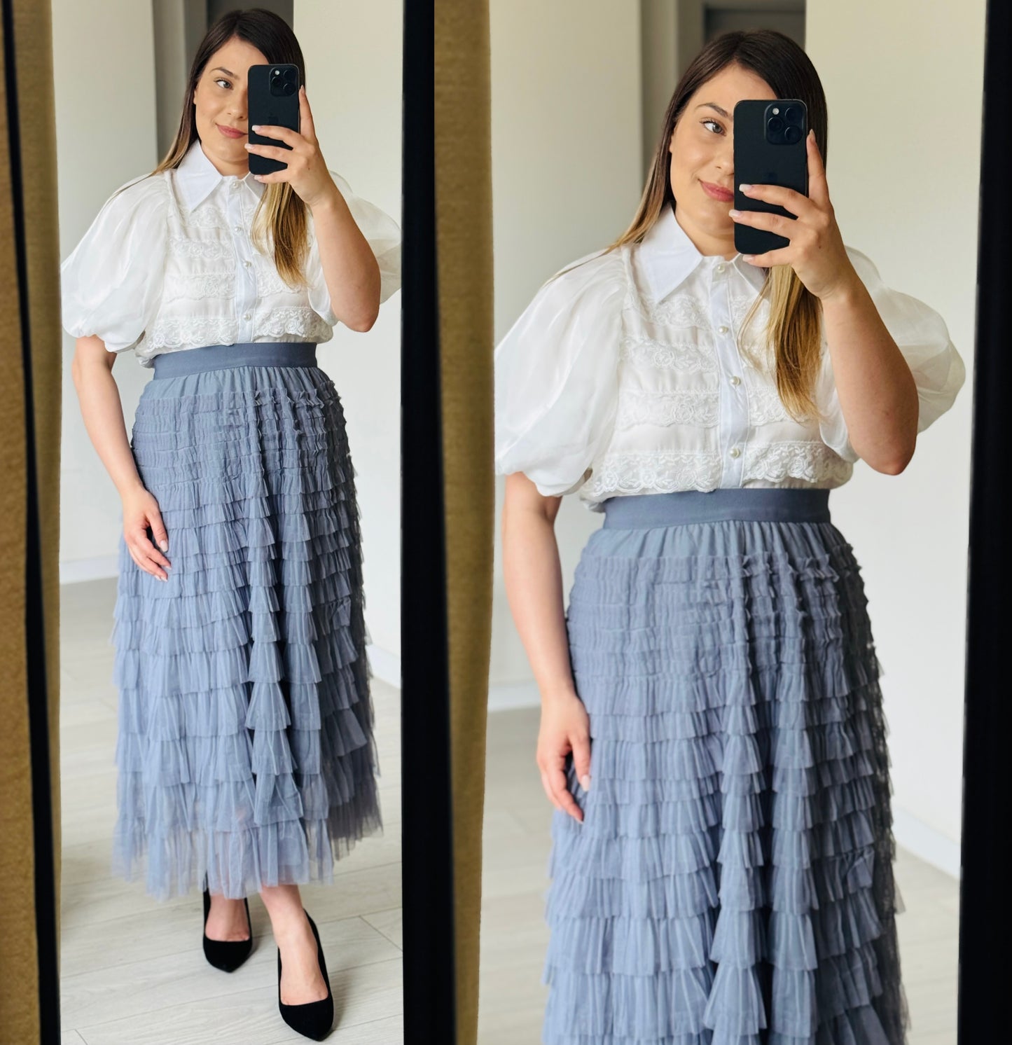 Set elegant cu cămașă albă și fustă midi din tull cu volane