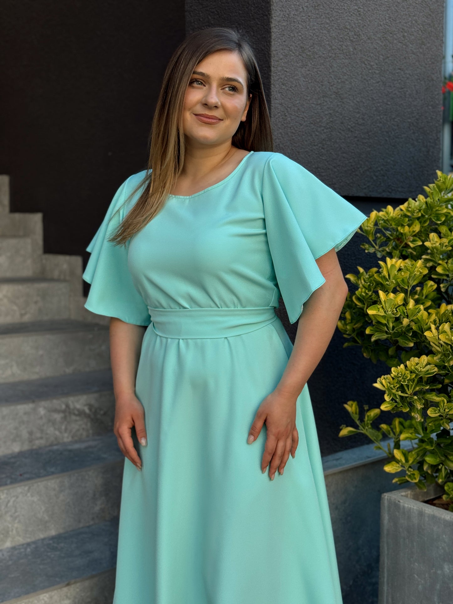 Rochie midi elegantă din stofă verde mentă