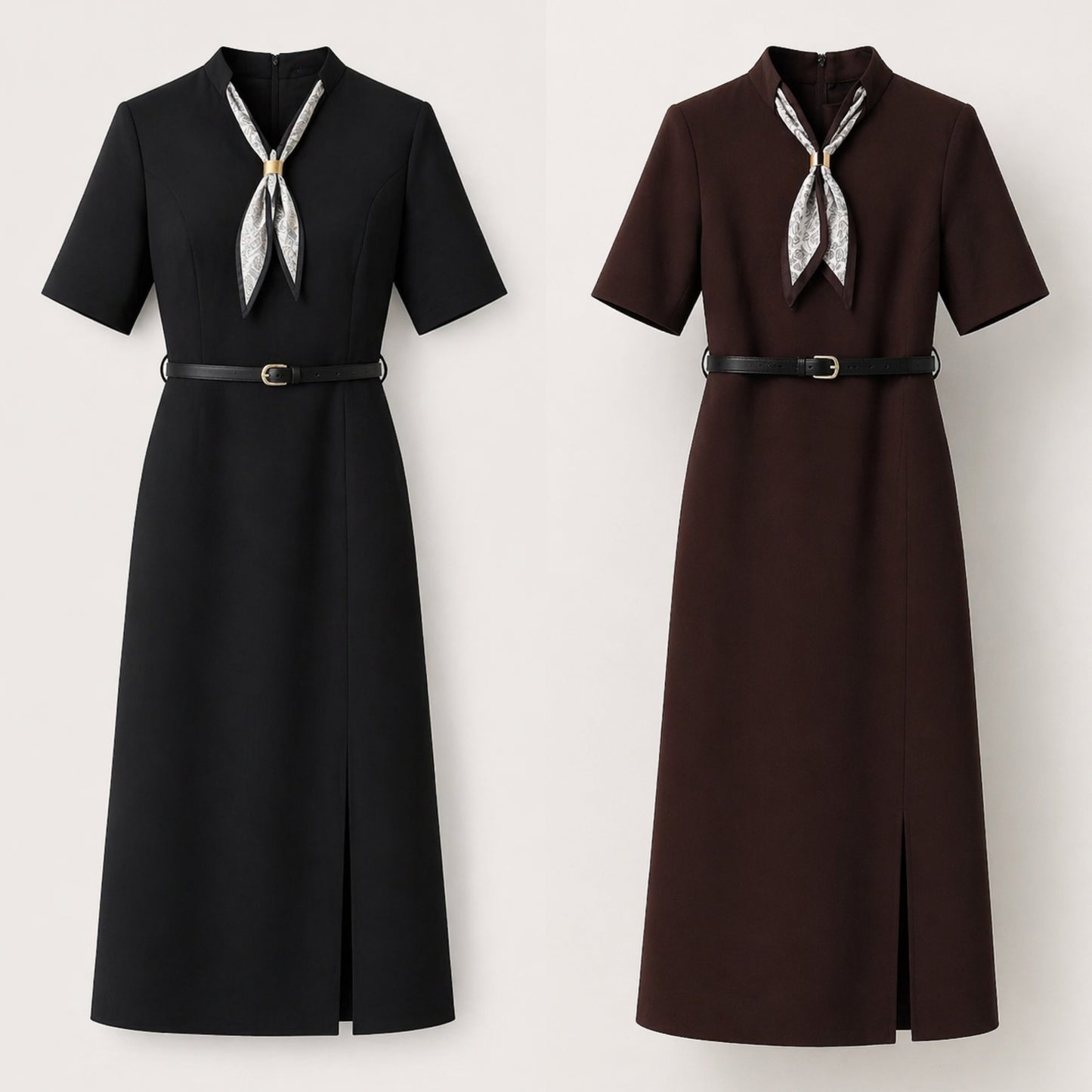 Rochie elegantă midi cu eșarfă și curea în talie