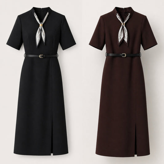 Rochie elegantă midi cu eșarfă și curea în talie
