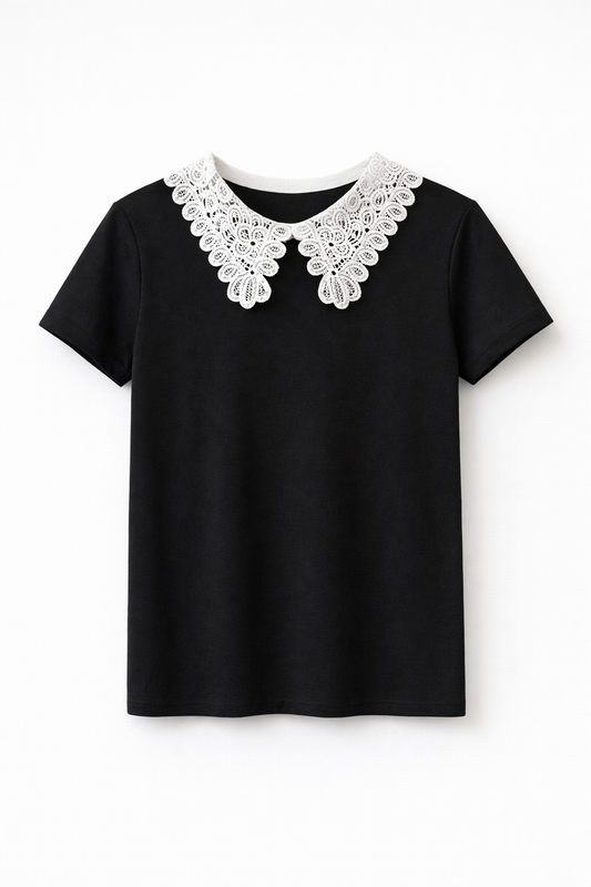 Tricou cu Guler Decorativ din Dantelă