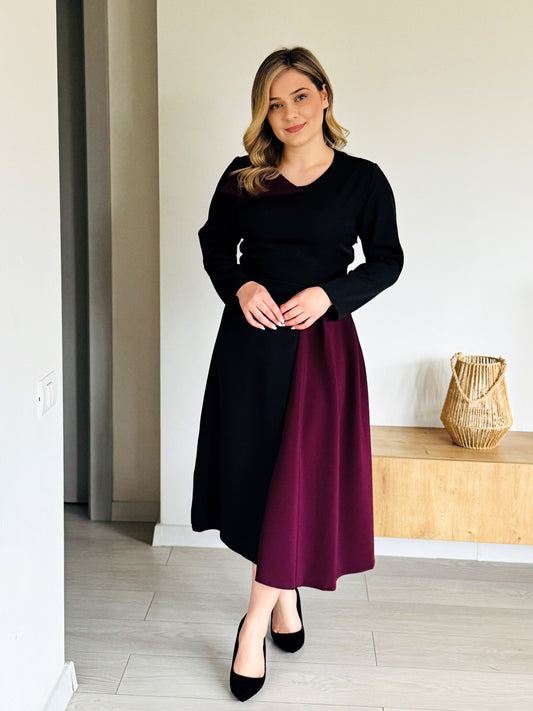 Rochie Elegantă Bicolor cu Detaliu Asimetric la Guler