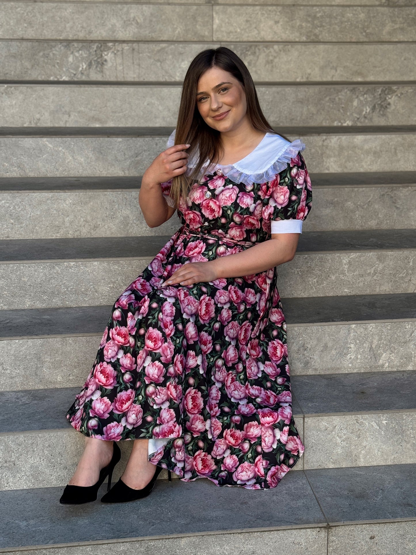 Rochie midi florală din vâscoză cu talie elastică