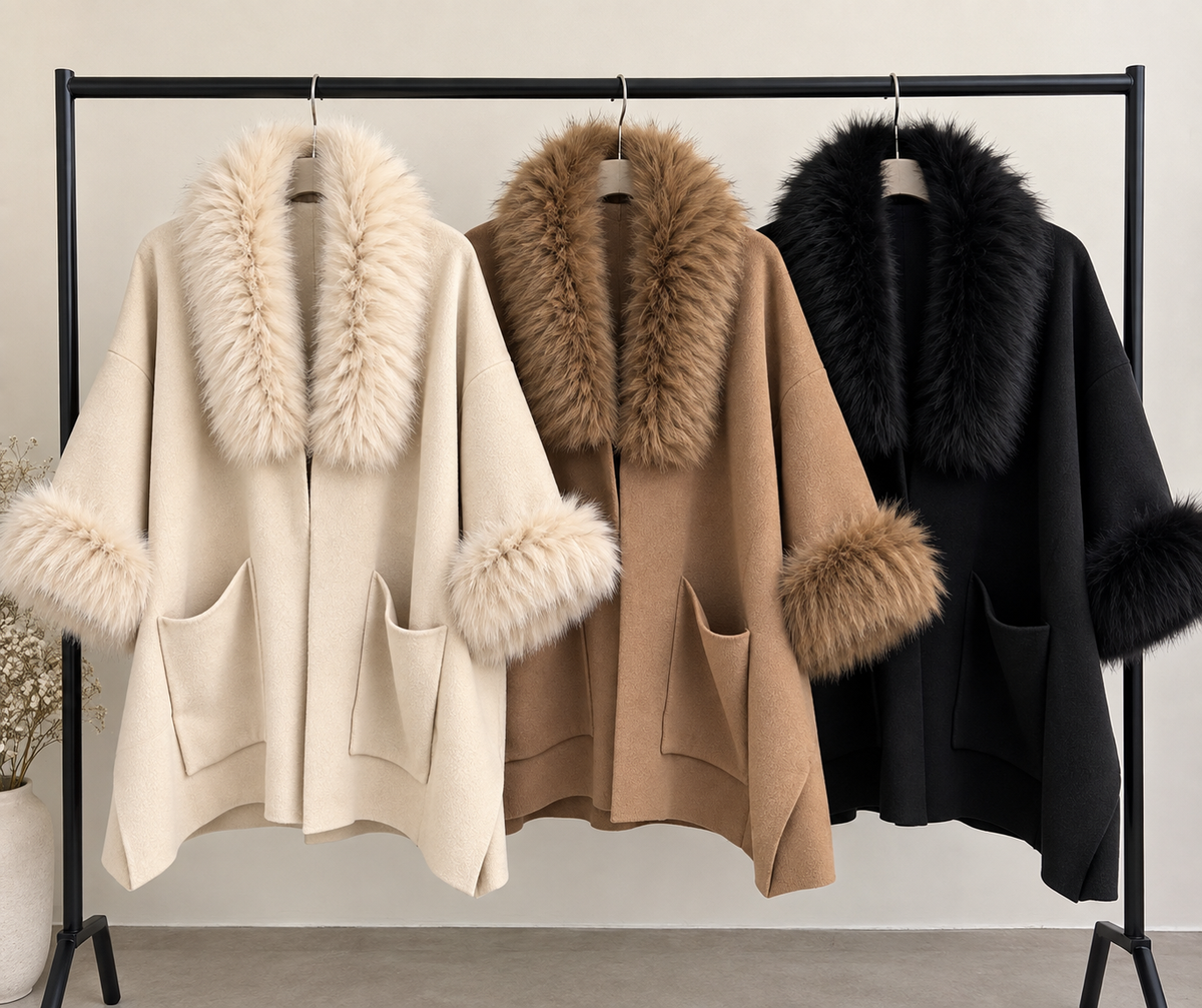 Poncho elegant cu blăniță detașabilă