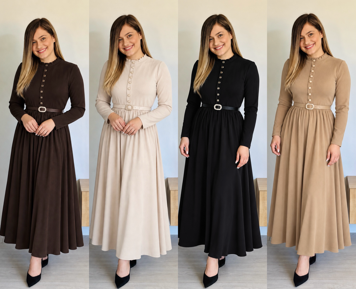 Rochie lungă elegantă cu nasturi și curea