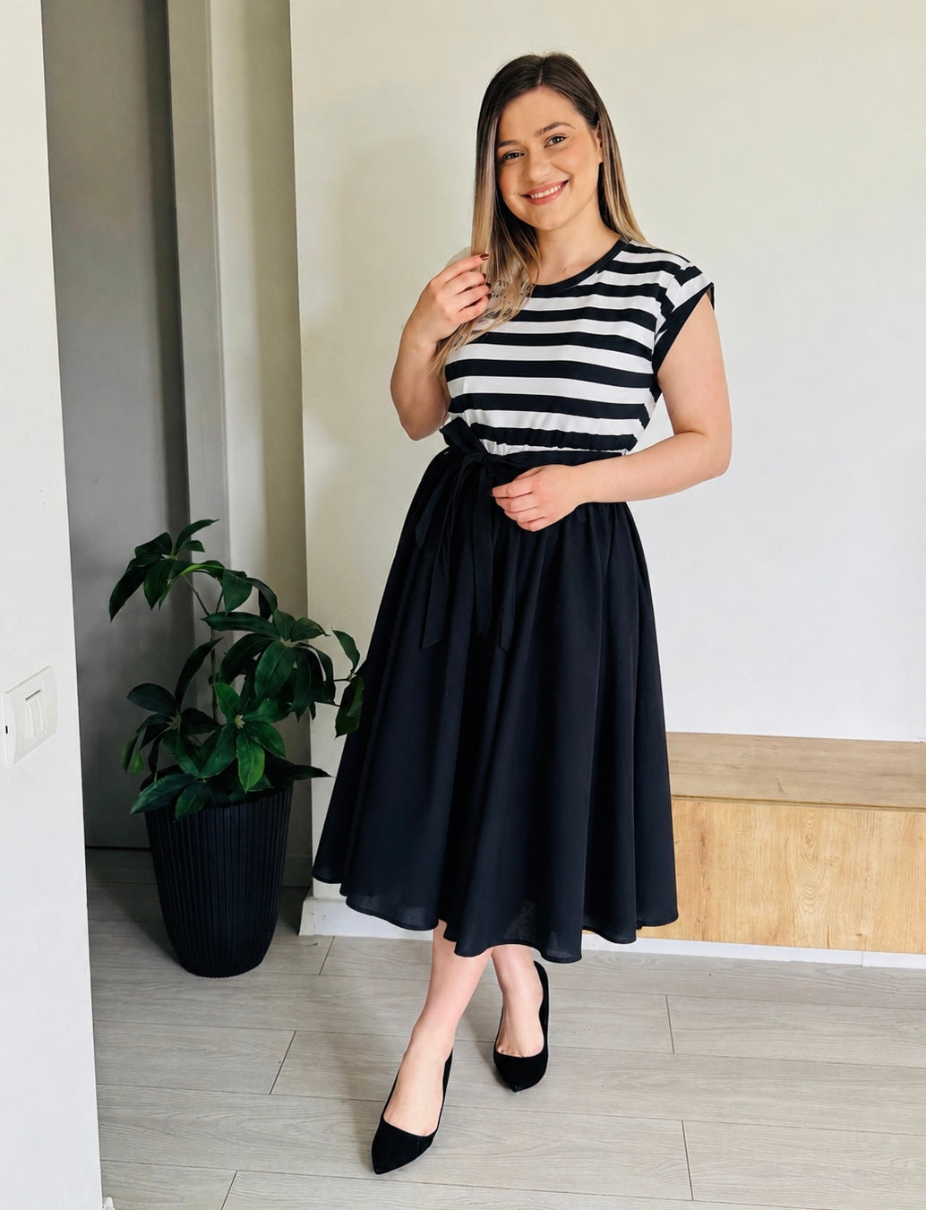 Rochie casual cu dungi și talie elastică