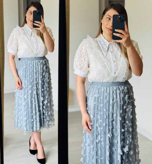 Set elegant cu cămașă din dantelă și fustă plisată 3D cu flori
