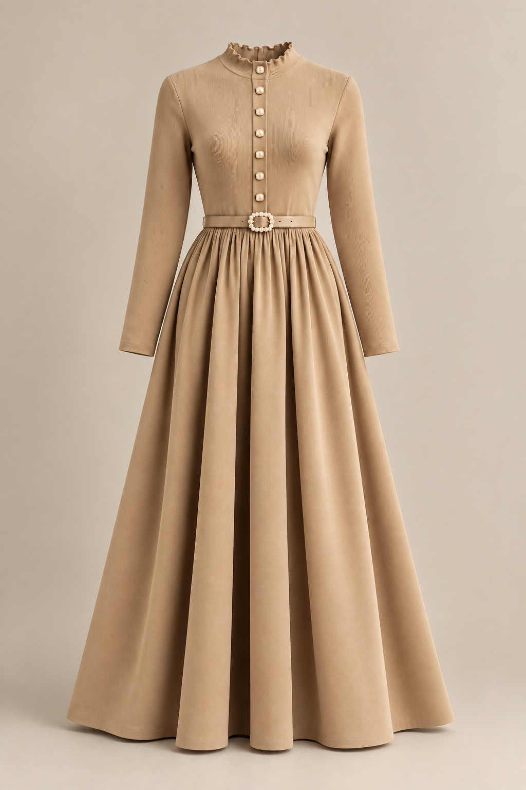 Rochie lungă elegantă cu nasturi și curea