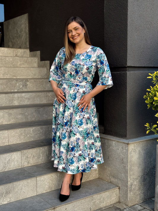 Rochie midi florală din vâscoză cu talie elastică