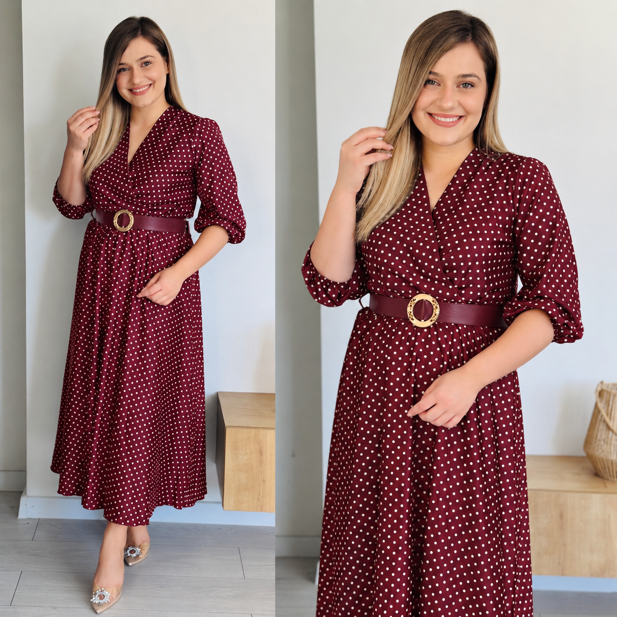 Rochie midi din satin cu buline și curea