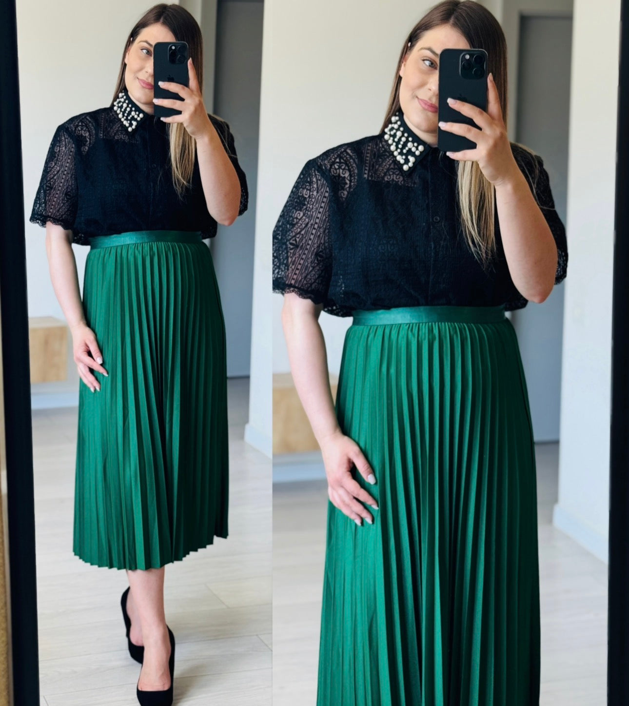 Set fustă plisată și cămașă din dantelă